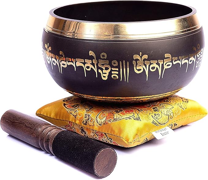 Tibetan Singing Bowl Set Bronze - Master Healing Grade - With Tibetan Thangka Art - Pure Tone By HIMALAYAN BAZAAR (Black & Yellow)