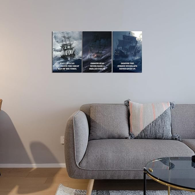 KAWAHONE Motivational Quotes Wall Art, Smooth Seas Never Made a Skilled Sailor Inspirational Wall Art Office Decor, Positive Quotes Wall Art for Living Room Bedroom, Office, Home, Gym