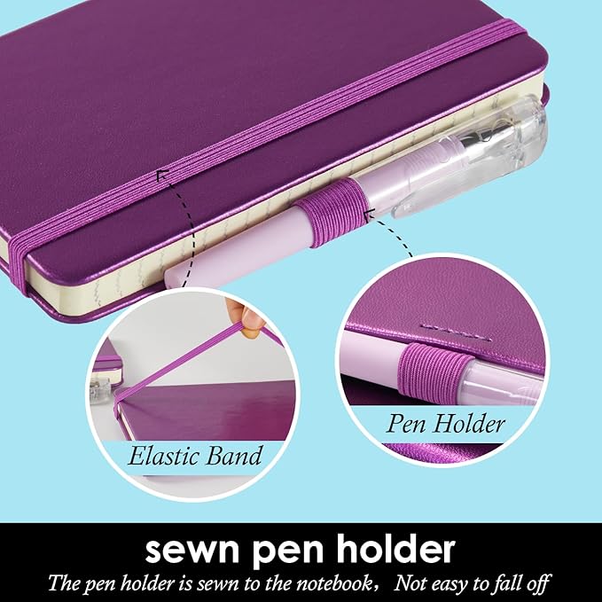 (3 Pack) Pocket Journal Notebook, Small Mini Notepad with Pens for Work, hardcover A6 Notebook 3.7" x 5.7" College Ruled with 100Gsm Premium Lined Paper, Pearlescent Purple