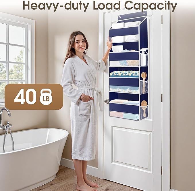 2 Pack Over The Door Organizer, Hanging Storage Organizer with Clear Window, 40lb Ultra Sturdy Large Capacity Room Organizer for Pantry Laundry Bathroom Nursery Closet (Blue)