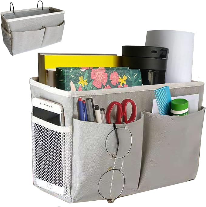 Bedside Caddy, Bedside Hanging Storage Organizer for College Dorm Bed, Bunk and Hospital Beds, Can be Placed Books, Phones,Keys, Glasses,Magazine Holder (Grey, 1)