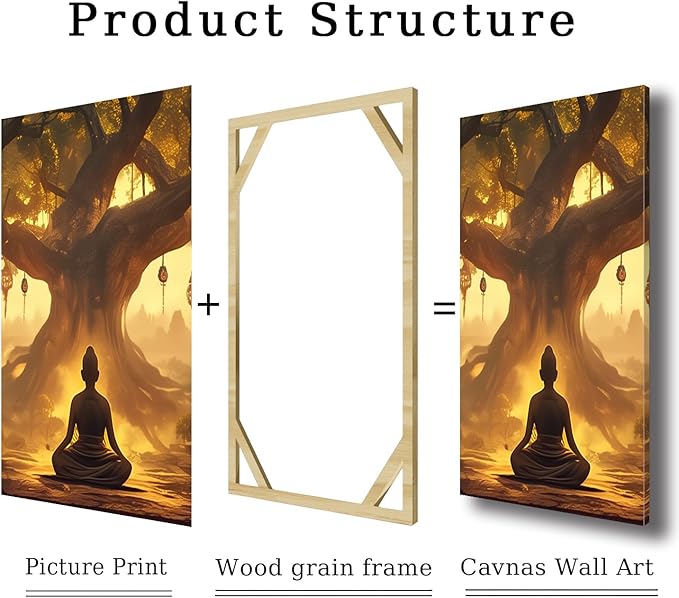 WithHope 3 Piece Buddha Canvas Wall Art, Buddha Home Decor, Buddhist Decorations, Zen Canvas Wall Art, Tree of Life Artwork, Zen Decorations, Modern Painting, Living Room Decor (12" x 18" x 3 pcs)