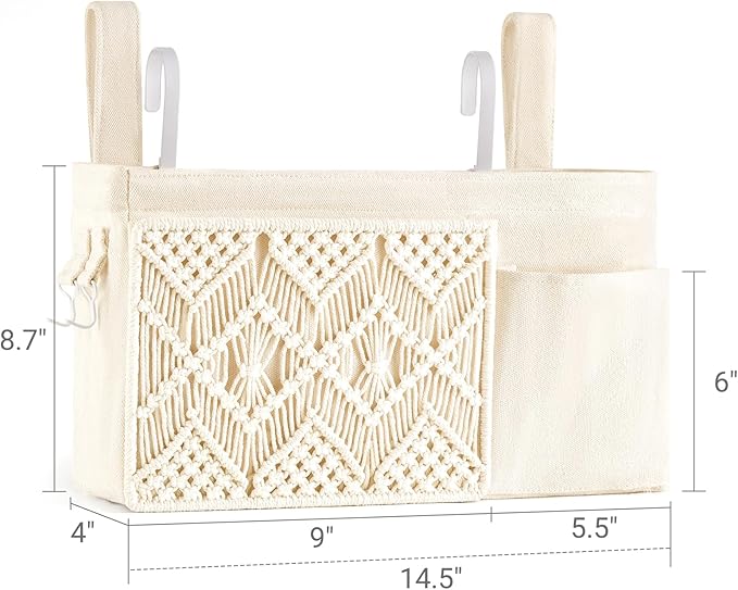 Mkono Bedside Caddy Hanging Organizer, Boho Macrame Storage with Fixed Straps and Hooks, 4 Pockets Holder Remote Magazine Accessories for Home Loft Bunk Bed, Dorm, Hospital Beds