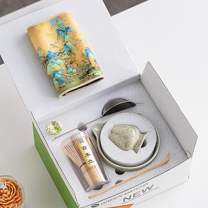Ceramic Matcha Whisk Set, Complete Matcha Set-8PCS for Ceremonial Grade Matcha, Tea Gifts for Tea Lovers for Christmas, Birthday, Halloween (Matcha Color)