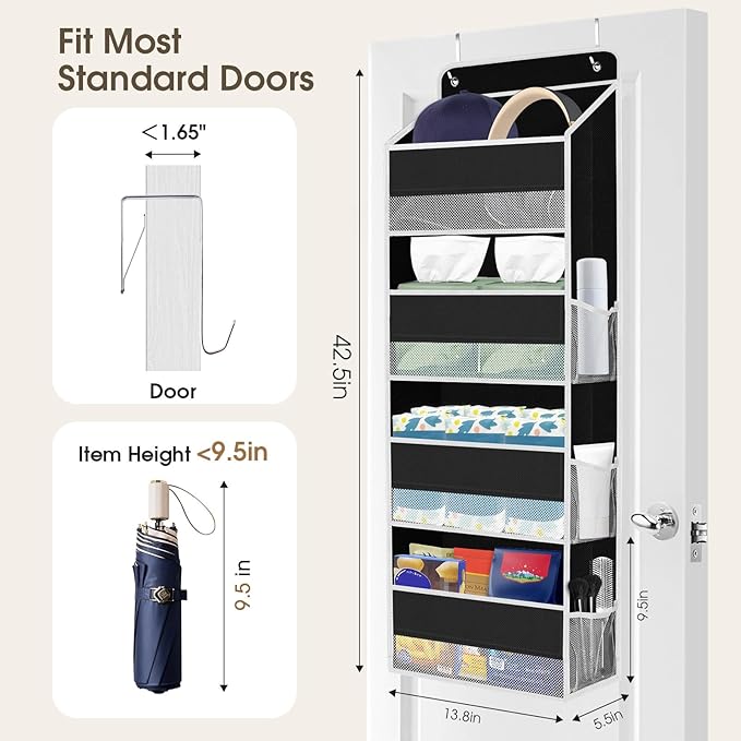 1 Pack Over The Door Organizer, Hanging Storage Organizer with Clear Window, 40lb Ultra Sturdy Large Capacity Room Organizer for Pantry Laundry Bathroom Nursery Closet (Black)