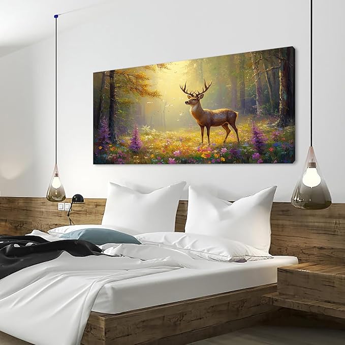 ZESTRILIA Pretty Deer Forest Wall Art for Living Room Office Gold Mustard Yellow Wildlife Wildflower Canvas Painting Prints Spring Wild Life Artwork Girls Bedroom Decor Extra Large (58x28 Inches)