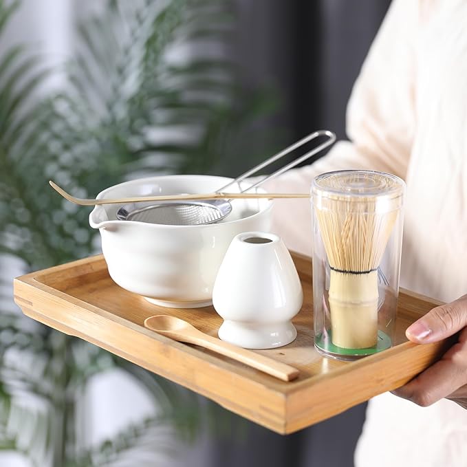 Matcha Whisk Set, 6 Pcs Matcha Set with Bamboo Matcha Scoop and Stainless Steel Sifter/Pouring Spout Ceramic Bowl/Matcha spoon/Matcha Whisk Holder, -19 oz Japanese Tea Ceremony Kit for Gifts (White)