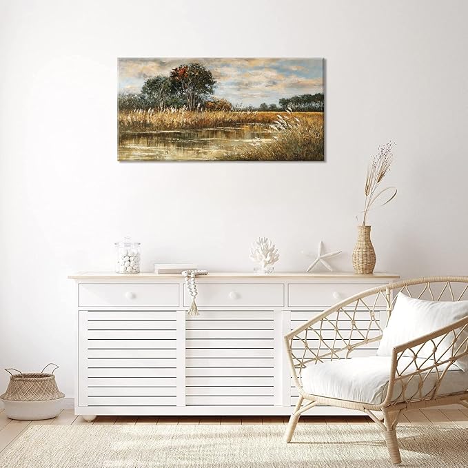 ZESTRILIA Wilderness Meadow Canvas Wall Art Wildflower Field Tree Oil Painting Reproduction Print Rustic Retro Vintage Artwork Landscape Picture for Country Farmhouse Living Room Bedroom (20x40inch)