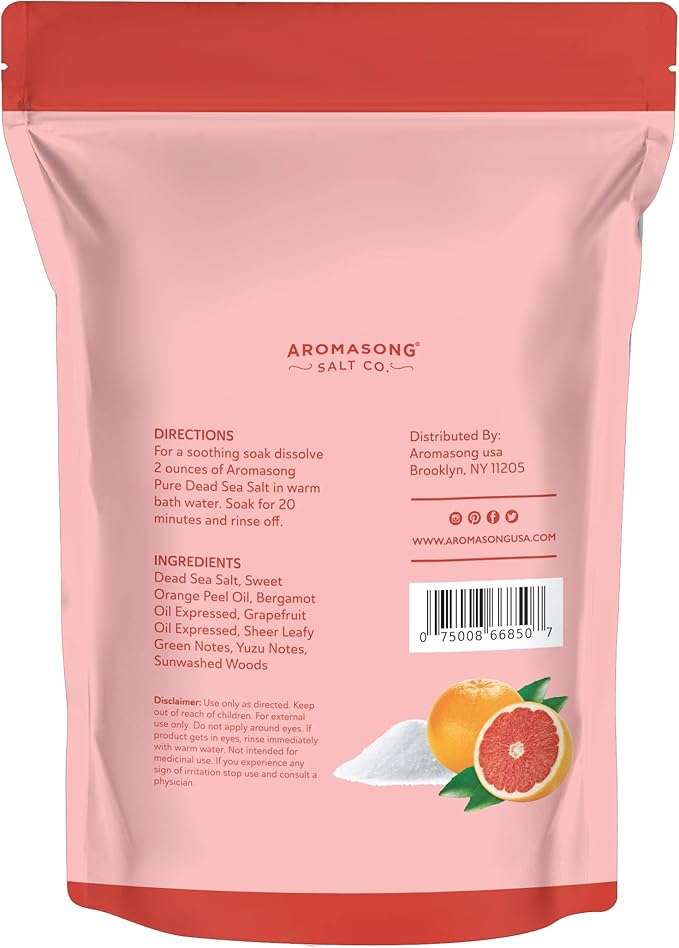 Aromasong Dead Sea Salt - Fine Grain Spa Salt Grapefruit Scent 14 Oz โ 7 Uses Per Pack - Pure & Natural - Used for Body wash Scrub - Soak for Women & Men for Skin Issues and to Relax Tired Muscles