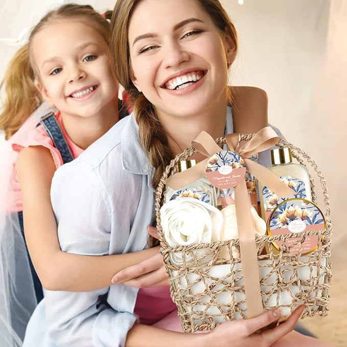 Home Spa Gift Basket, Bath Spa Kit for Women, with Body Lotion, Shower Gel, Bubble Bath, Body Scrub, Bath Salt, Bath Bomb, Bath Gift Set for Mother, Wife Her, with Magnolia and Jasmine Scent