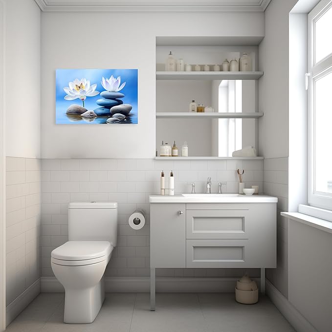 ARTZGX Zen Canvas Wall Art for Bathroom Lotus Pictures Blue Spa Stone Painting Butterfly Flower Artwork for Yoga Decor Frame(Zen - B 28.00" x 42.00")