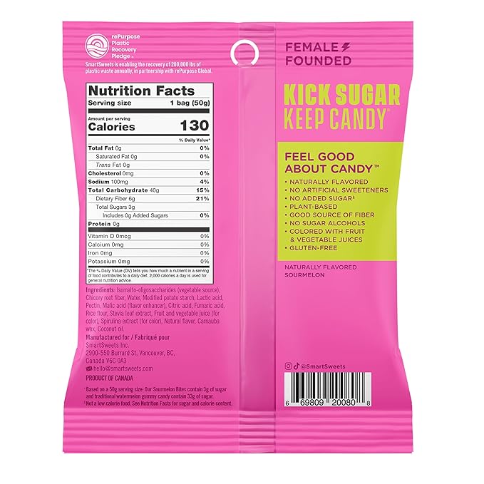 SmartSweets Sourmelon bites, Low Sugar Gummy Candy (3g), Low Calorie (130), Gluten-Free -1.8oz (Pack of 6) Packaging may vary