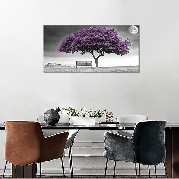 ZESTRILIA Country Purple Tree Wall Art for Living Room Office Violet Gray Moon Canvas Painting Prints Artwork Dining Bedroom Decor (40x20 Inches)