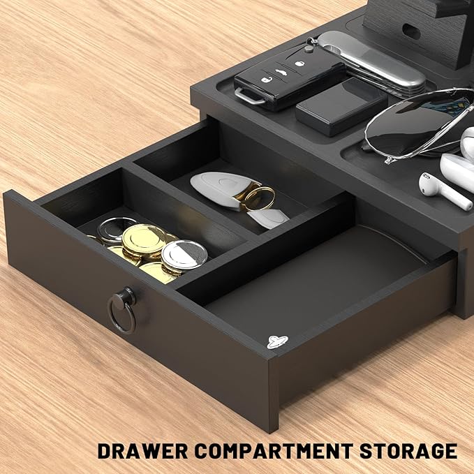 Wood Phone Docking Station, Nightstand Organizer with Drawer, Bedside Table Organizer for Watch & Accessories, Christmas Anniversary Birthday Gifts for Men,Dad,Husband