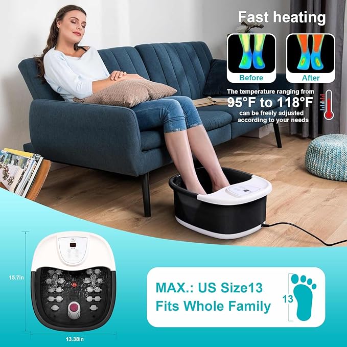 Foot Spa Bath Massager with Heat, Foot Bath with 22 Massage Rollers, Temperature Control, Jets, Bubbles, Epsom Salt and Vibration. Pedicure Foot Spa for Relaxation - Black