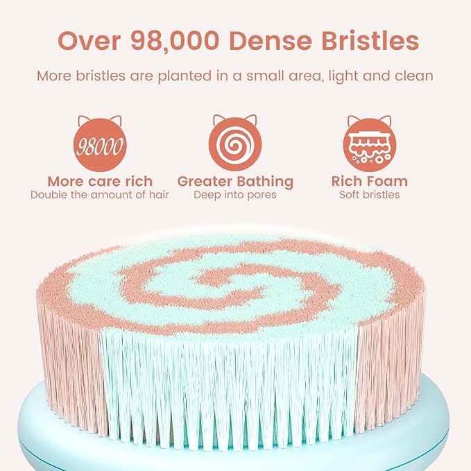 Electric Back Scrubber for Shower Body Brush, Waterproof Shower Body Scrubber for Cleansing, Massaging, Rechargeable Bath Brush for Kids & Adults with 2 Heads & 3 Speed Modes, Berry Pink XY0