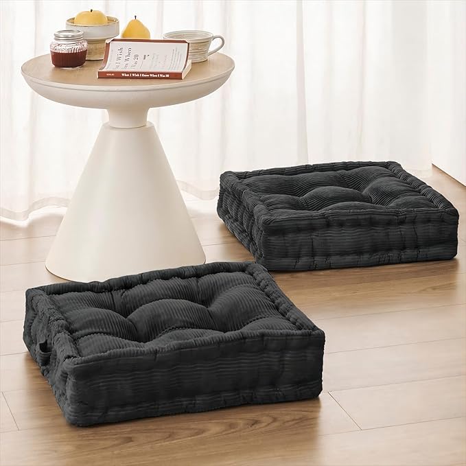 Wellsin Square Floor Pillows for Adults Kids - Meditation Floor Pillow Seating Cushion - Tufted Floor Cushion with Shredded Foam & Velvet Cover, 1 Pack, 20x20 Inch, Gray