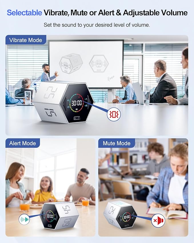 Ticktime Pomodoro Timer Cube, Hexagon Productivity Timer, Pause & Resume, Silent, Vibrate & Adjustable Sound Alert, for ADHD, Task, Work, Study, 5/15/25/30/45/60min & Custom Countdown, Silver