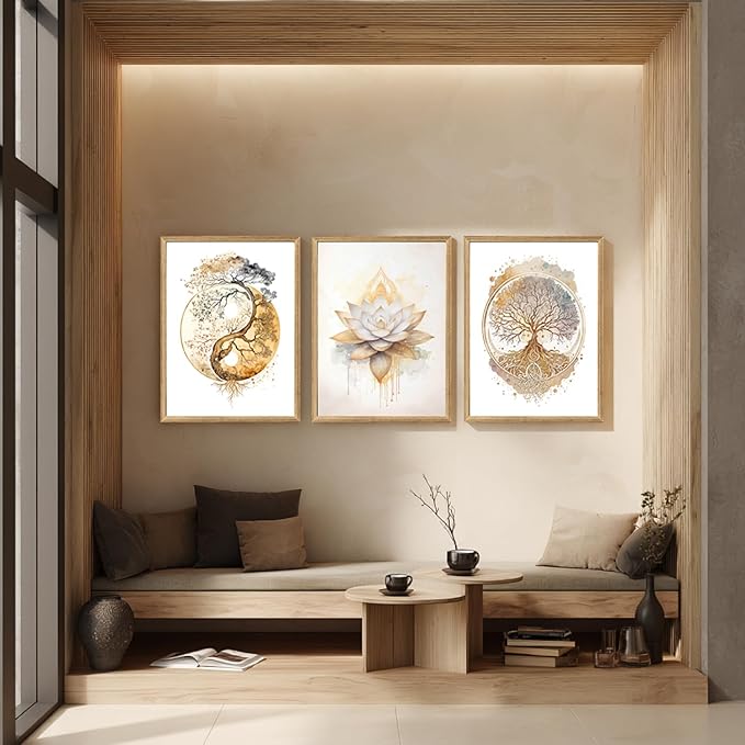 GELDSTEI Tree of Life Wall Art, Calming Zen Wall Decor, Abstract Yin Yang Tree Canvas Painting, Modern Gold Lotus Flower Meditation Poster Print for Living Room Yoga Room Bedroom Wood Framed 16"x24"x3