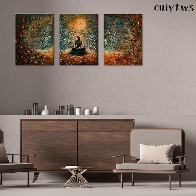 Framed Abstract Yoga&Meditation Wall Art Set of 3Piece Canvas Poster Prints Painting, Vibrant Colorful Energy Flow, Tranquil Woman in Meditation for Home, Yoga Meditation Room,Office,Bedroom,12X16in