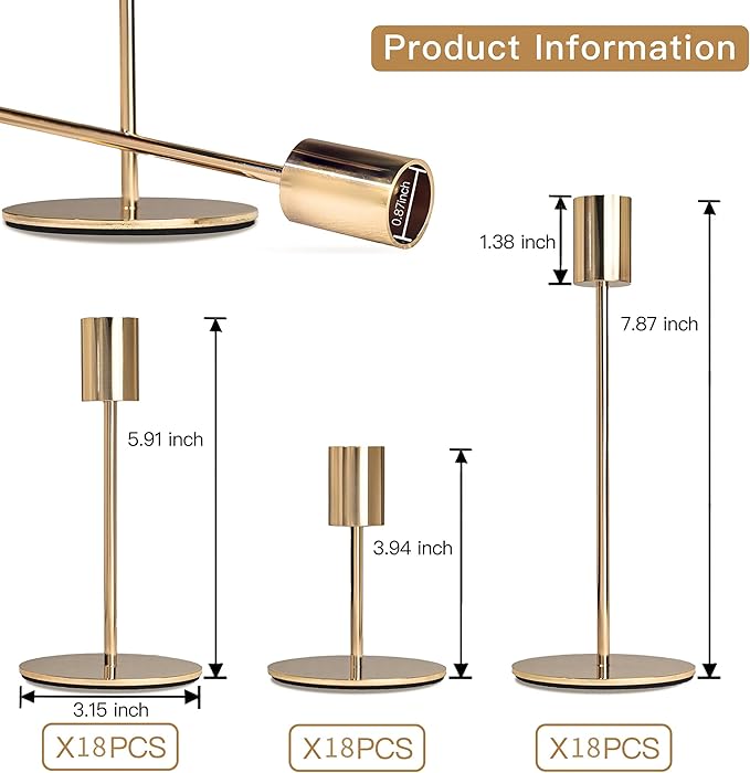 Gold Candlestick Holders - Bulk Decorative Metal Candelabra for Taper Candles, Fits 0.8 Inch Diameter, Gold Taper Candle Stands for Wedding, Home, Party Table Decor (Set of 54)