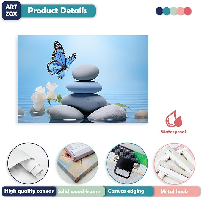 ARTZGX Zen Wall Art for Bathroom Zen Stone Picture Blue Butterfly Painting Still Life Artwork for Yoga Room Decor Frame(Zen - C 12.00" x 18.00")