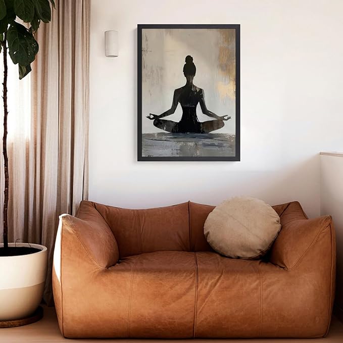 GELDSTEI Wood Framed Zen Wall Art, Modern Yoga Girl Canvas Painting, Tranquil Meditation Wall Decor, Spiritual Aesthetic Picture, Calming Mindfulness Poster Prints for Living Room Spa Yoga 12"x16"