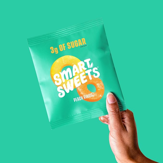 SmartSweets Peach Rings, Low Sugar Gummy Candy (3g), Low Calorie (130), Gluten-Free -1.8oz (Pack of 12) Packaging may vary
