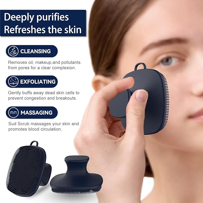 3 PCS Silicone Bath Brush Set,Back Scrubber & Body Brush & Face Brush Set, Super-Exfoliating & Lathering Body Scrubber, Shower Brush, Face Scrubber Combination for HomeBathroom Hotel Travel.(Blue)