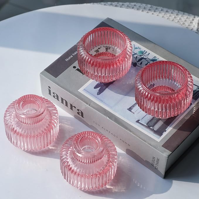 Woho Pink Candlestick Holders for Taper Candles Set of 4, Glass Taper Candle Holders Bulk for Birthday Party, Tea Lights Candle Holder for Wedding Festival