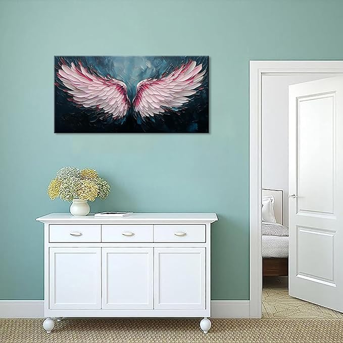 ZESTRILIA Angel Wings Wall Art for Girls Room Pink Navy Blue Canvas Oil Painting Prints Modern Abstract Fantasy Anime Artwork Living Bedroom Office Decor (30x16 Inches)