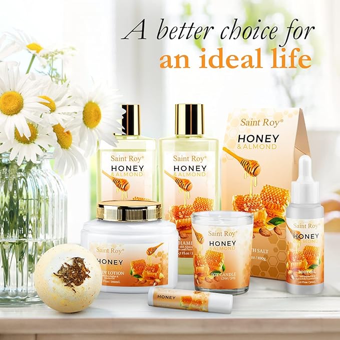 Christmas Gifts for Women Bath & Body Gift Set, Luxury Home Spa Bath Gift Basket, Honey Almond Scented Bath Set, Pamper Gifts Birthday gifts & Teens, Spa Kit Gift, Home Spa Gifts for Men Dad