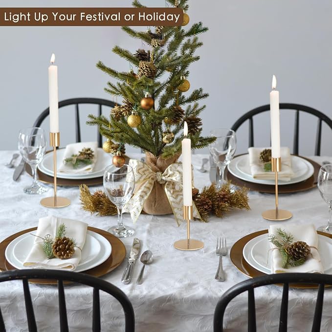 Gold Candlestick Holders - Bulk Decorative Metal Candelabra - Fits 0.8 Inch Diameter Taper Candles - Gold Taper Candle Stands for Wedding, Home, Party Table Decor (Set of 27)