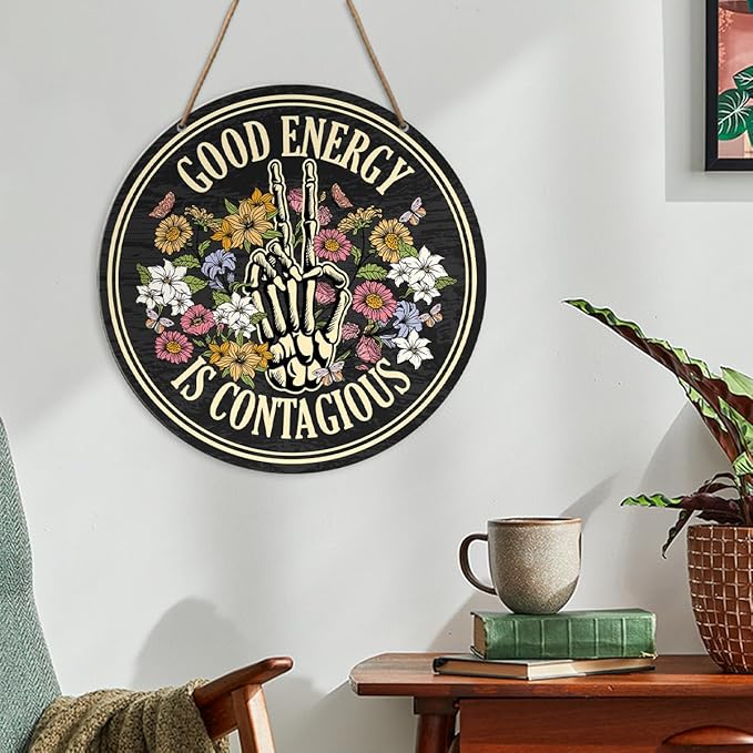 Positive Energy Wall Decor, Skeleton Inspirational Round Wood Hanging Sign Decor, Motivational Positive Energy Decorations for Home Office Spiritual Room, Positive Gifts for Women Men
