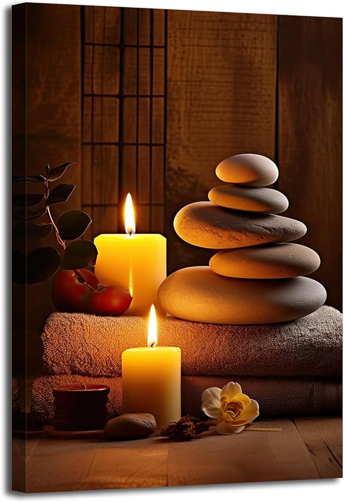 GLOKAKA Zen Spa Wall Art Meditation Room Wall Decor Massage Stones with Atmospheric Candles Relax/Calm Canvas Print Artwork for Living Room, Bedroom, Bathroom Decor