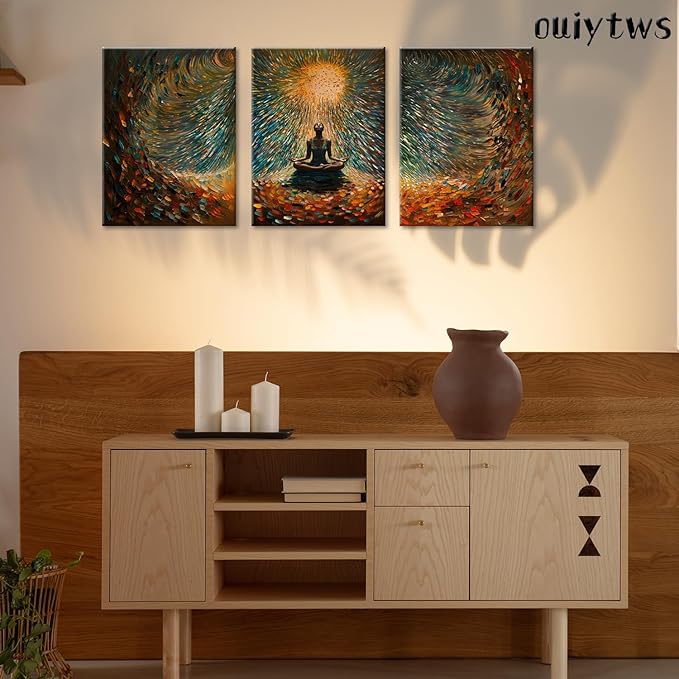 Framed Abstract Yoga&Meditation Wall Art Set of 3Piece Canvas Poster Prints Painting, Vibrant Colorful Energy Flow, Tranquil Woman in Meditation for Home, Yoga Meditation Room,Office,Bedroom,12X16in