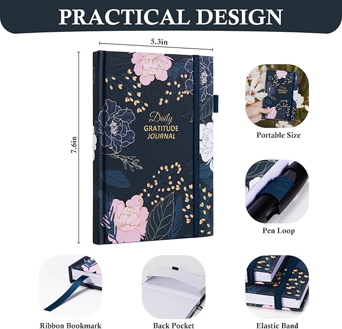 Gratitude Journal with 4 Inspirational Stickers: Undated Daily Gratitude Journal for Women and Men - More Happiness, Affirmation, and Mindfulness in A Few Minutes with Prompts & Quotes (Peony)