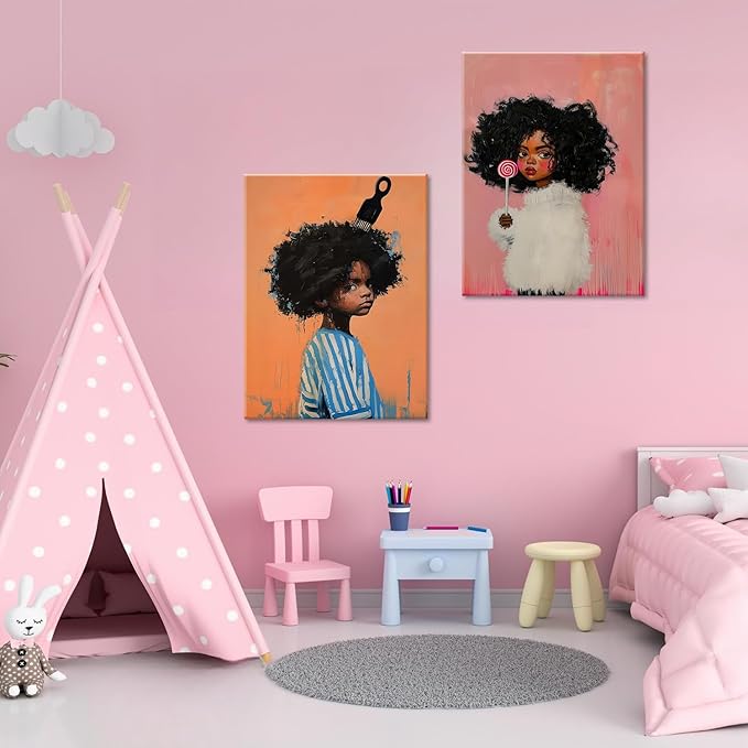 Black Kids Wall Art - Afro American Children Canvas Prints, Modern African American Portrait Paintings for Girls Bedroom, Cute Black Girl Nursery Art, Cultural Wall Decor, Framed16 x 24inches X2piece