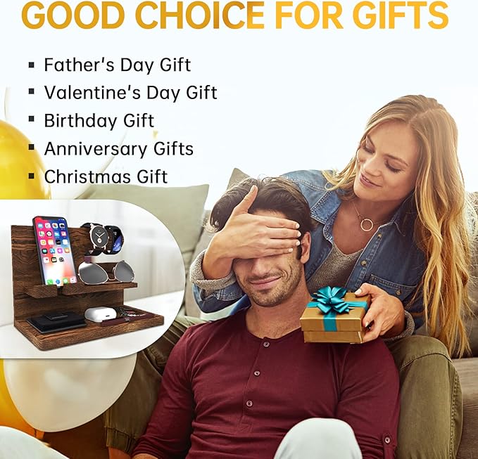 Birthday Gifts for Men Valentines Day Gifts for Men Gift for Dad Wood Phone Docking Station Organizer Wood Bedside Desk Organizer