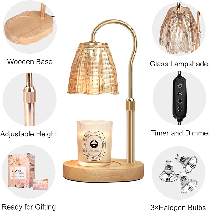 Candle Warmer Lamp with Timer & Dimmer, Candle Warmer Height Adjustable, Fits All Jar Scented Candles, Candle Lamp with 3 Bulbs, Charming Gift Box with Ribbon for Gifting(2 Pack)
