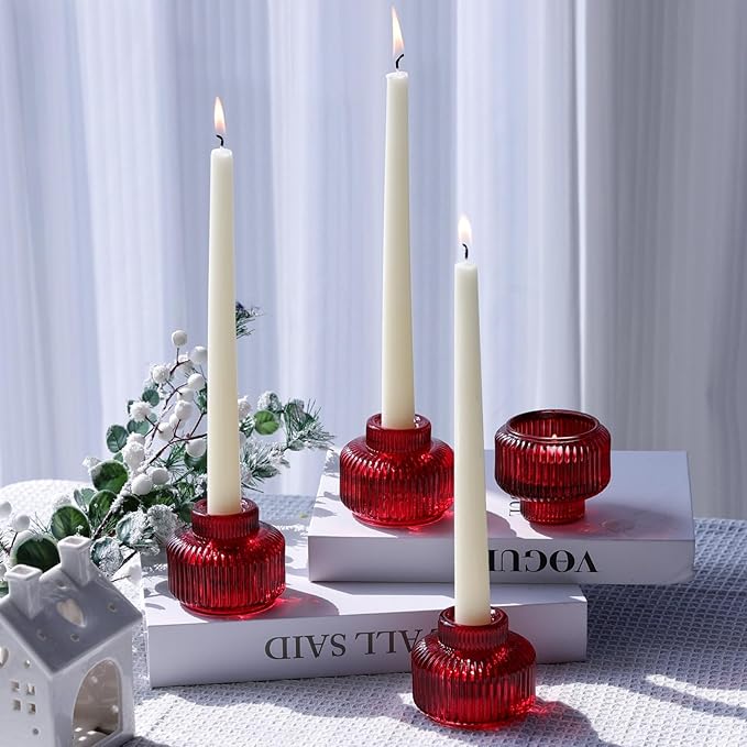 Woho Red Taper Candle Holders Set of 4 for Christmas Decorations, Reversible Ribbed Glass Candlestick Holders for Wedding Table, Vintage Candle Sticks Holder Decor for Valentines Day Decor