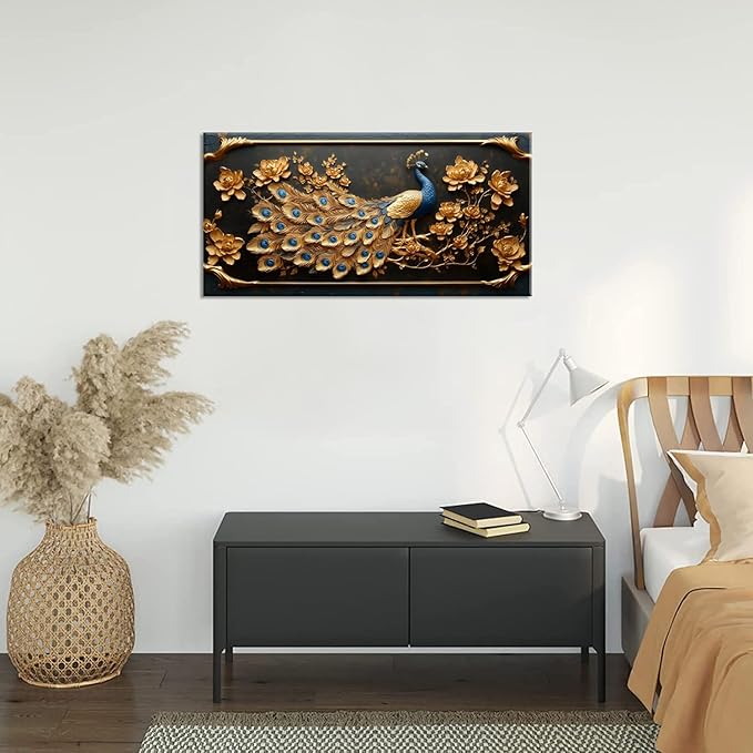ZESTRILIA Pretty Peacock Wall Art for Living Room Office Gold Country Rustic Retro Asian Canvas Painting Prints Golden Vintage Elegant Peackock Artwork Dining Bedroom Decor Large (46x23 Inches)