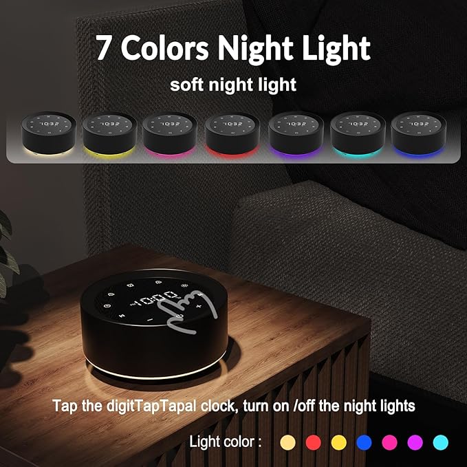 White Noise Sound Machine Alarm Clock 7 Colors Night Light Sound Machine for Adult/Baby 20 Soothing Sounds 31 Level Volume 6 Level Screen Brightness 5 Timer Set Memory Function Touch Control