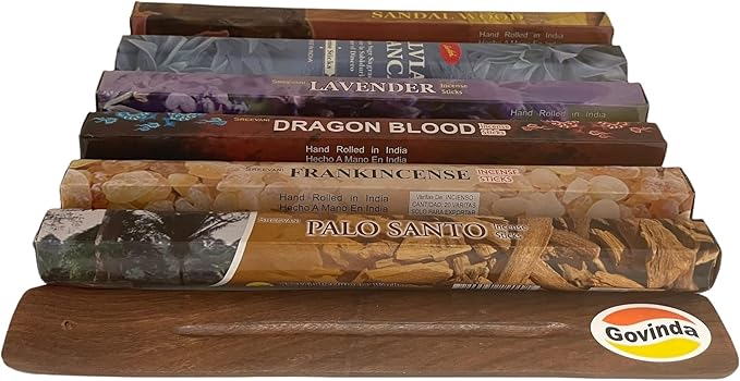 Sreevani Incense Sticks Variety Pack #4 and Incense Stick Holder Bundle Gift Set with 6 Most Popular Fragrances
