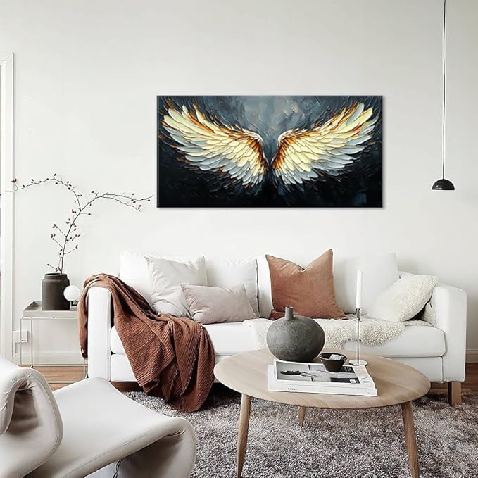 ZESTRILIA Angel Wings Wall Art for Girls Room Gold Gray Canvas Oil Painting Prints Modern Abstract Fantasy Anime Artwork Living Bedroom Office Decor (40x20 Inches)