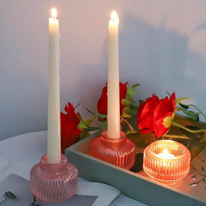 Woho Pink Candlestick Holders for Taper Candles Set of 4, Glass Taper Candle Holders Bulk for Birthday Party, Tea Lights Candle Holder for Wedding Festival