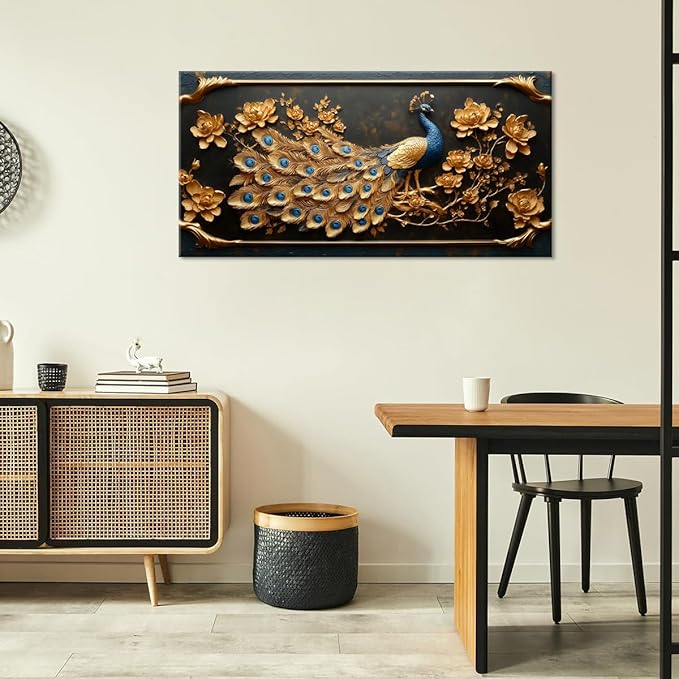 ZESTRILIA Pretty Peacock Wall Art for Living Room Office Gold Country Rustic Retro Asian Canvas Painting Prints Golden Vintage Elegant Peackock Artwork Dining Bedroom Decor (40x20 Inches)