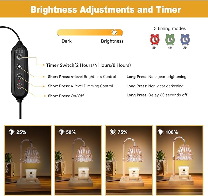Candle Warmer Lamp, Candle Warmer Lamp Adjustable Height, Candle Warmer Light with Timer & Dimmer, Compatible with Jar Scented Candles, Flower Candle Warmer with 3 Bulbs for Home Decor