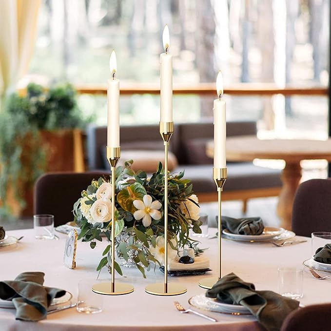 Gold Taper Candle Holder Set of 6, Brass Gold Tall Candlestick Holders, Metal Vintage Candle Stickers Long Holder Set, Pillar Decorative Candle Holder Fits 3/4 Inch Candle