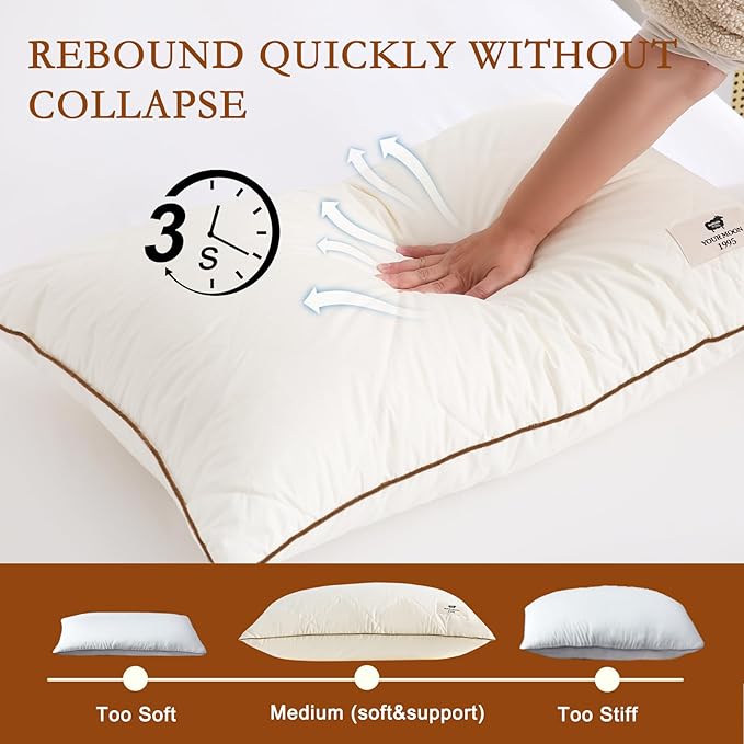 YOUR MOON Organic Wool Pillow Queen Size, Soft Breathable Support Bed Pillows for Sleeping, Luxury Down Alternative Pillow for Side & Back Sleepers, 100% Cotton Cover, Natural Wool Filling (Off White)